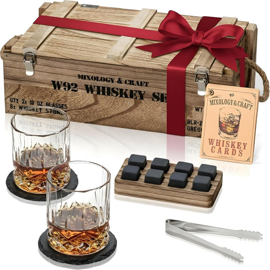 Mixology & Craft Whiskey Gift Set - Includes 2 Lead-Free Crystal Glasses, 8 Granite Chilling Stones, 2 Slate Coasters, Metal Tongs & Recipe Cards with a Wooden Army Crate Box