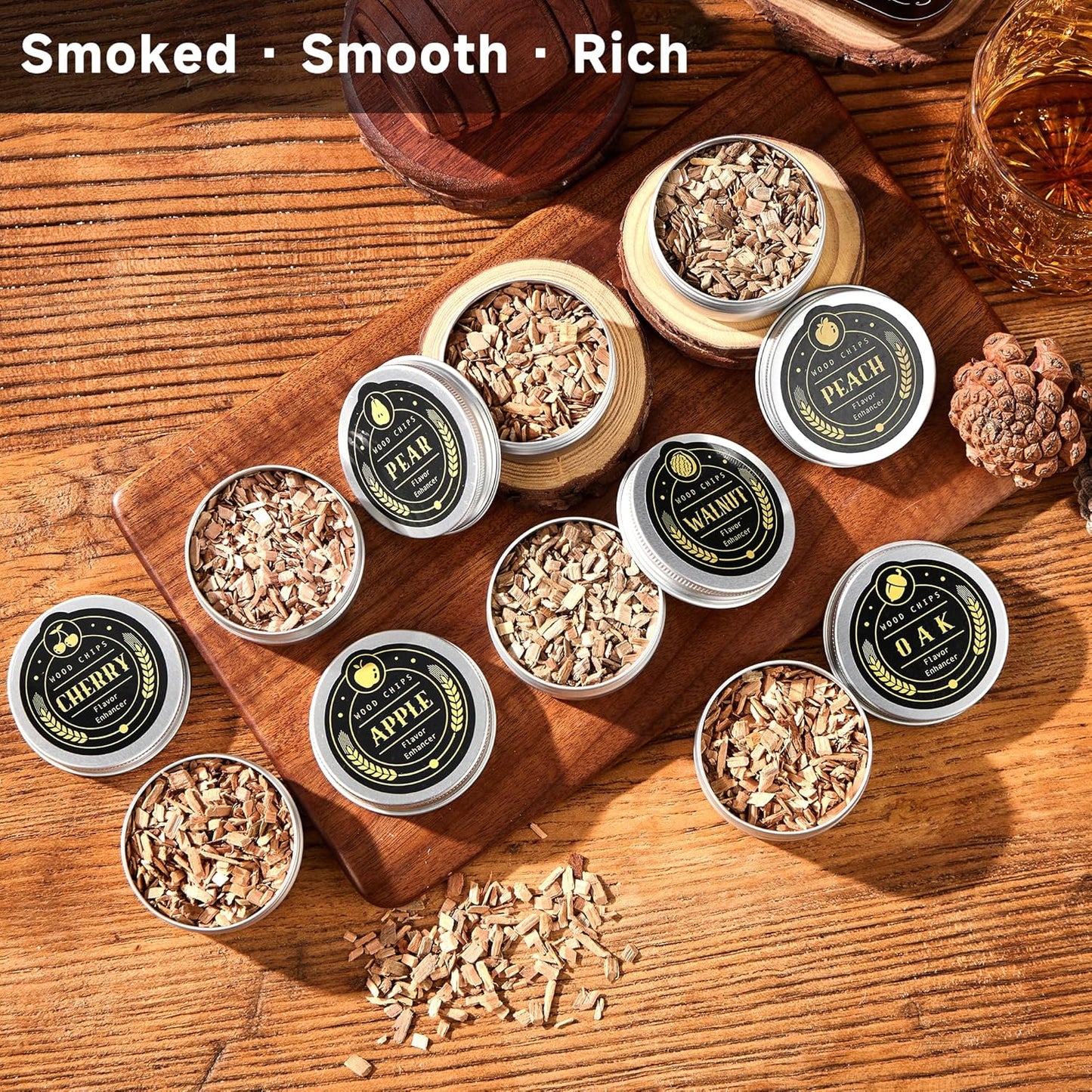 ComboJoy 12 Flavor Cocktail Smoker Wood Chips Gift Set for Men - Cinnamon, Cloves, Orange Peel, Cardamom, Rose, Ginger, Pear, Peach, Cherry, Apple, Oak, Walnut for Whiskey/Bourbon/Drinks Smoke Gun