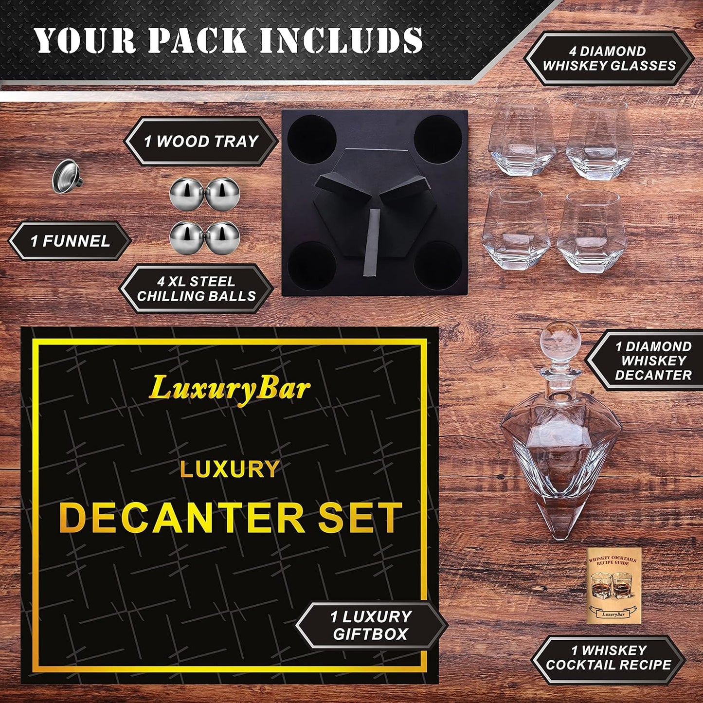 LuxuryBar Diamond Whiskey Decanter Sets for Men with ChillBall &Tray, 26oz Whiskey Decanter Set Liquor Dispenser Bourbon Decanter Whiskey Set Gifts for Men