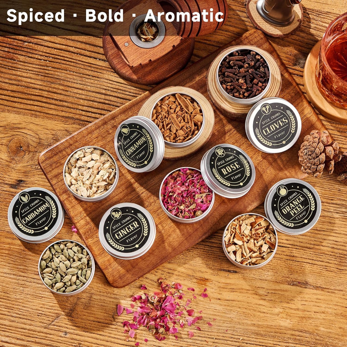 ComboJoy 12 Flavor Cocktail Smoker Wood Chips Gift Set for Men - Cinnamon, Cloves, Orange Peel, Cardamom, Rose, Ginger, Pear, Peach, Cherry, Apple, Oak, Walnut for Whiskey/Bourbon/Drinks Smoke Gun