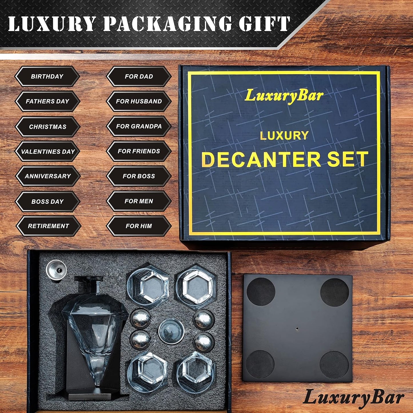 LuxuryBar Diamond Whiskey Decanter Sets for Men with ChillBall &Tray, 26oz Whiskey Decanter Set Liquor Dispenser Bourbon Decanter Whiskey Set Gifts for Men