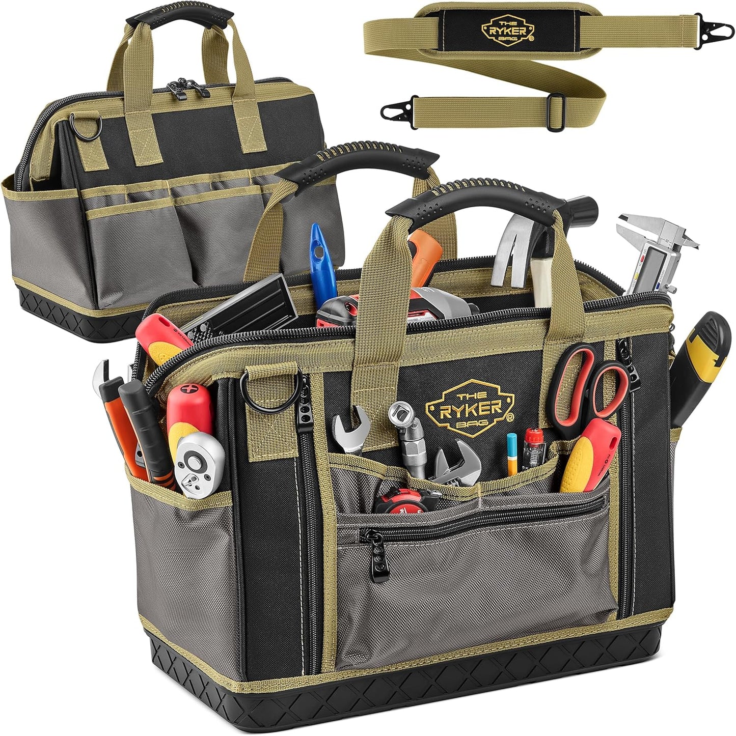 The Ryker Bag 16-inch Large Heavy Duty Wide Mouth Tool-Bag Organizer with Maximum Storage, Portable Utility Bag for Tools, Gift for Dads, Contractors, Mechanics, Technicians, Handyman & Welders