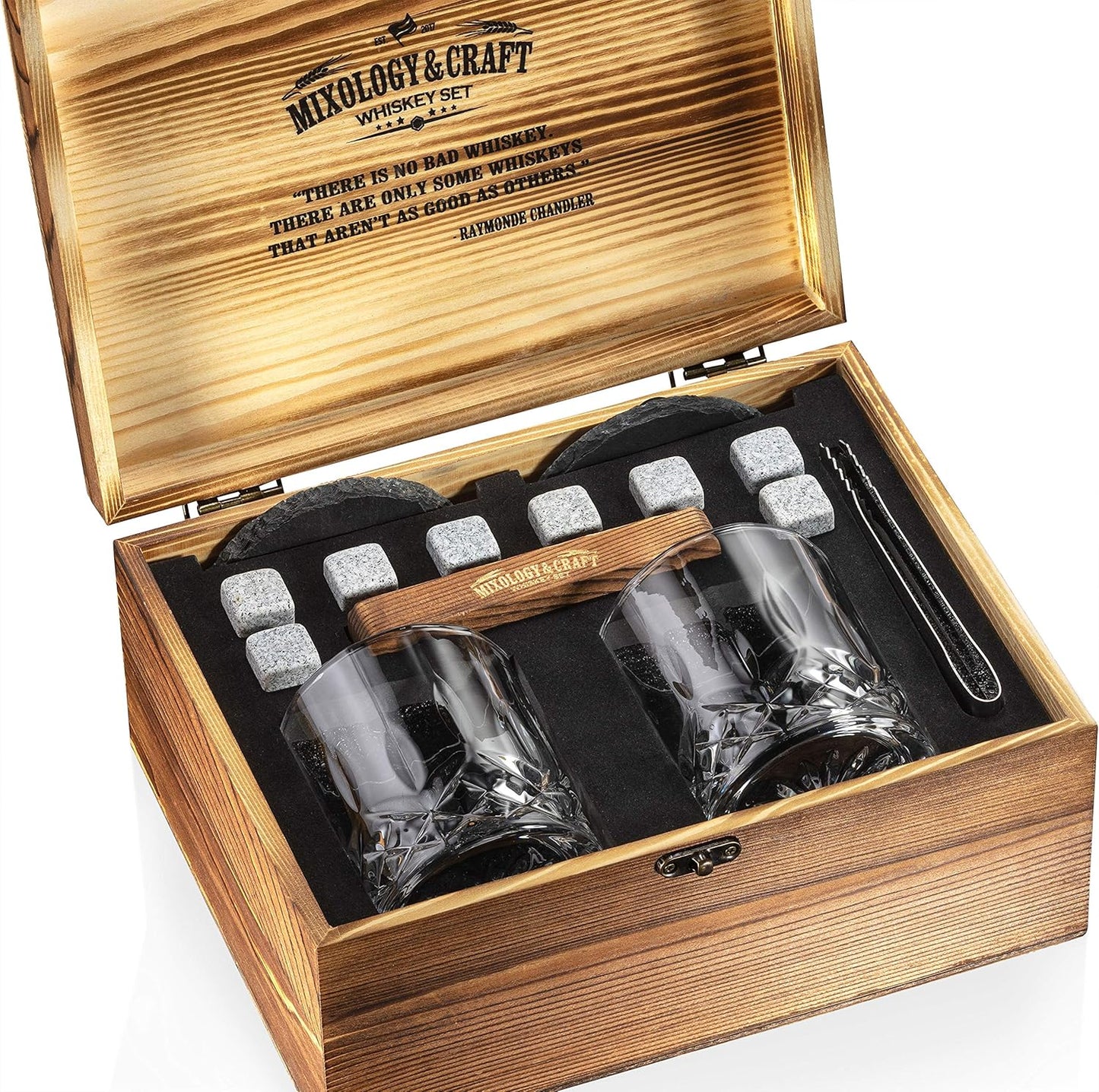Mixology & Craft Whiskey Glasses Gift Set for Men 13-Piece with Pack of 2 Diamond Cut Glasses w/ 8 Granite Chilling Stones, 2 Coasters, Tongs & Cocktail Recipe Book in Wooden Crate