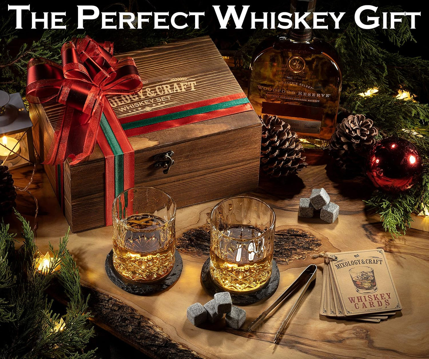 Mixology & Craft Whiskey Glasses Gift Set for Men 13-Piece with Pack of 2 Diamond Cut Glasses w/ 8 Granite Chilling Stones, 2 Coasters, Tongs & Cocktail Recipe Book in Wooden Crate