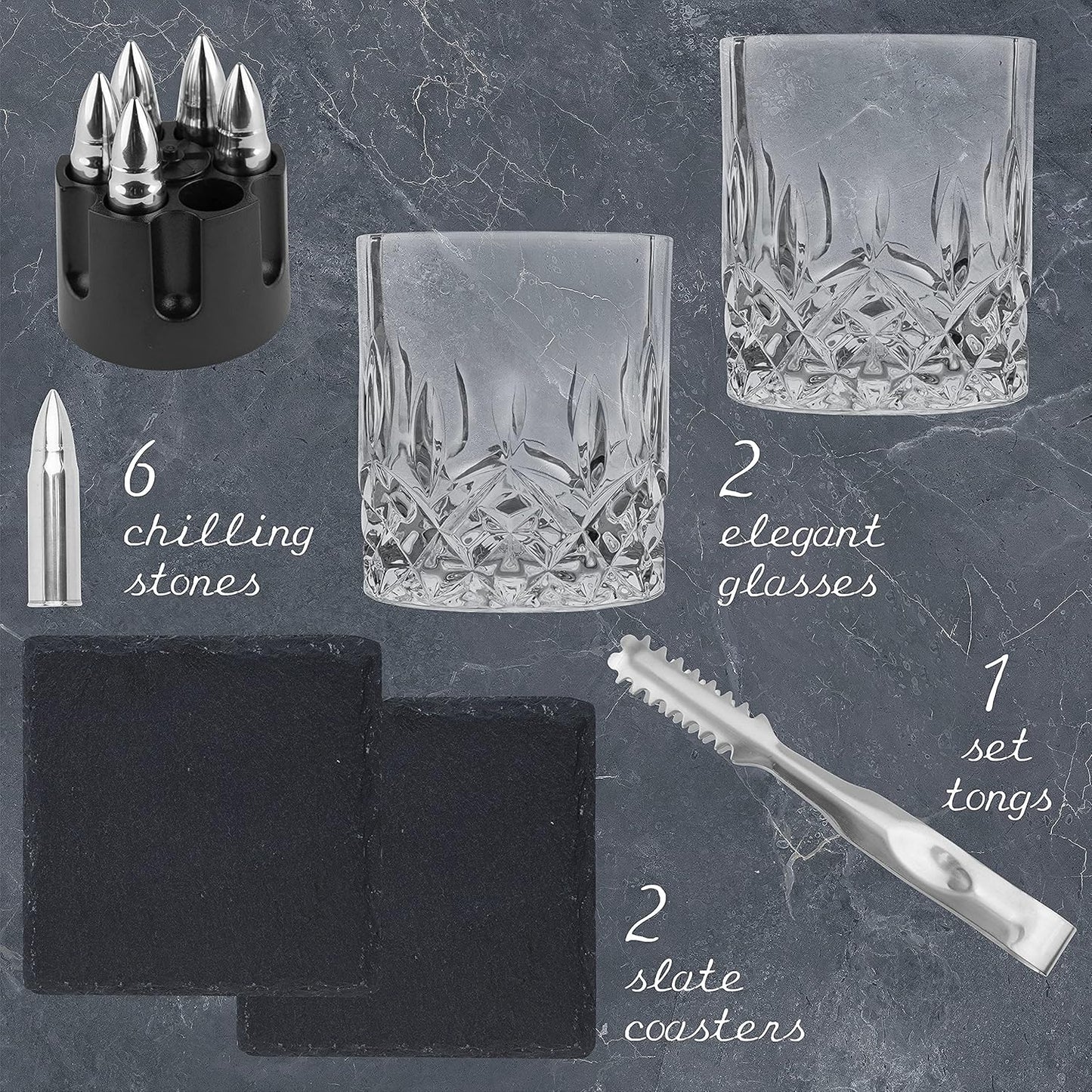 Titan LSO Whiskey Glasses and Stones in Unique Tactical Box Display | Bourbon Cocktail Cups, Coasters and Tongs | Gifts for Men | Glass Set